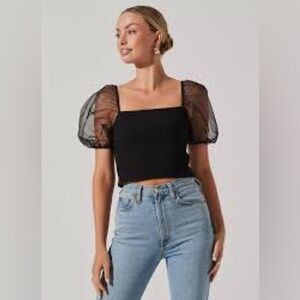 ASTR Black Organza Puff Sleeve Smocked Crop Blouse